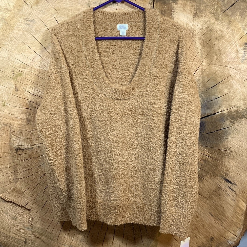 Stars Above Fuzzy Cozy Knit Pullover Top Long Sleeve Lounge Shirt Super Soft Tan